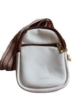 TELENA White Crossbody Bag with Brown Trim and Patterned Strap